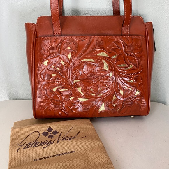 NWT Patricia Nash Rosedale Tote Cinnamon Burnished Tooled Leather Cutouts Large - Picture 2 of 11